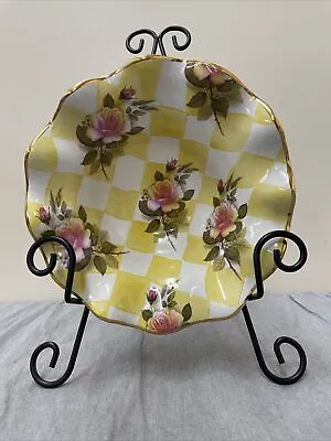 Rare MACKENZIE CHILDS Yellow ROSE PETAL HONEYMOON CHECK 8.5” Bowl Ruffle Charity • $100