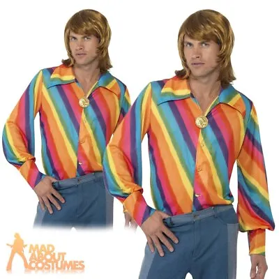 1970s Rainbow Colour Shirt Striped Mens Disco Fancy Dress Costume Pride Outfit • £21.99