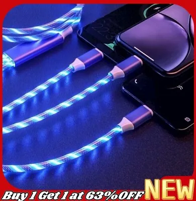 LED Light Up Charger Charging Cable 3 In 1 USB Cord For Samsung IPhone Android • £3.58