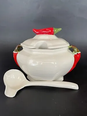 Vintage Chili Pepper Salsa Queso Bowl Tureen Lidded Pot With Spoon Southwest • $19.99
