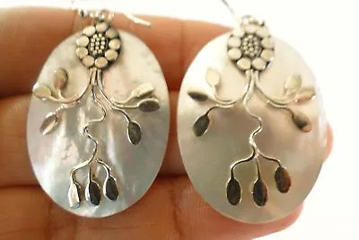 Mother Of Pearl Branch Of Leaves 925 Sterling Silver Dangle Earrings • $69