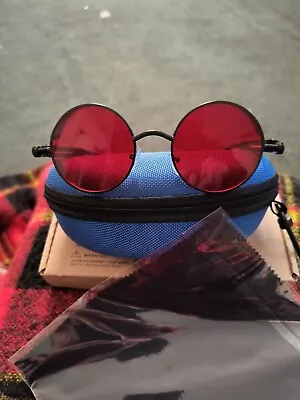 Black/Red Unisex STEAMPUNK SUNGLASSES W/BLUE CASE & CLEANING CLOTH • $12.50