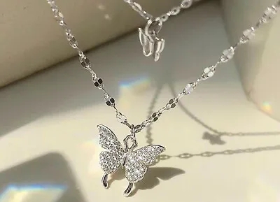 Double Layer Butterfly Pendant 925 Sterling Silver Chain Necklace Womens Jewelry • £3.79