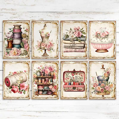 Shabby Chic Sewing ATC CardsTags Journal Card Toppers Ribbon Cards Sew Box • £2.80