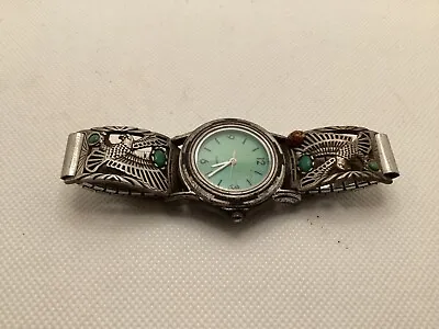 Vintage Four Coners Sterling Silver & Turquois Watch Stainless Steel Band • $149.99