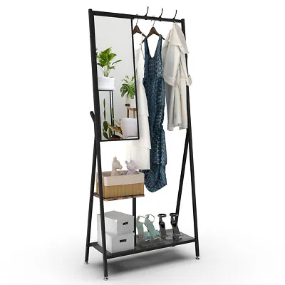 Aluminum Coat Rack With Mirror & 3 Hooks Bench Shoe Storage Shelves For Entryway • $99.90