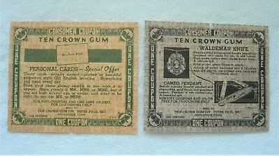 2 Different TEN CROWN GUM Coupons 1939 Collectible Advertising FREE SHIPPING • $7.95