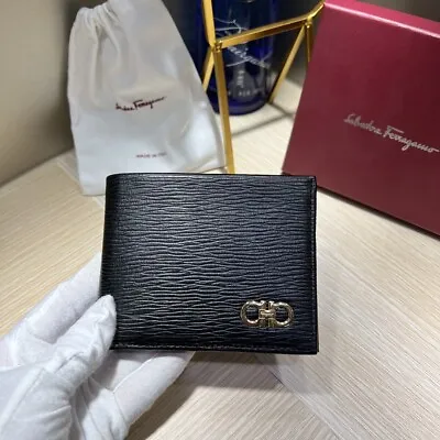 SALVATORE FERRAGAMO Black/Red REVIVAL Leather Double GANCINI Logo Wallet • $186