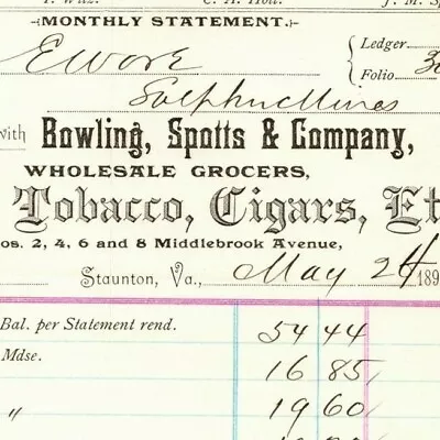 $19.99 • Buy 1894 Scarce Bowling, Spotts & Co Tobacco Flour Billhead Letterhead Staunton, VA