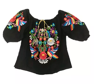 Mexican Traditional Women's Blouse Black Top Tenango Floral Embroidery M • $28