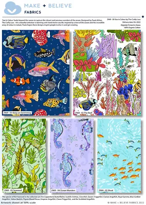 Crafts Fabrics Sea Life Nautical Fish Seahorse Seaweed Coral 100% Cotton Organic • £4.99