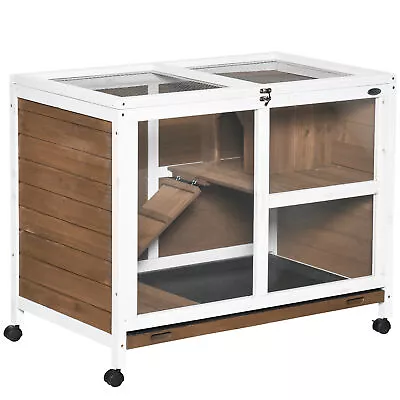 PawHut Wood Rabbit Hutch Bunny Cage Pet House Indoor W/ Tray Ramp Brown • £98.99