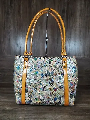 Nahui Ollin Recycled Handmade Candy Wrapper Style Paper Woven Large Tote Bag • $64.95