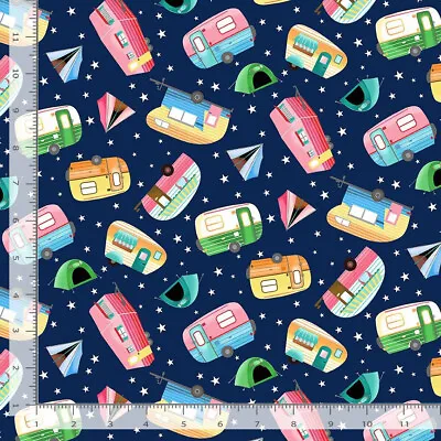 Tossed Camping Trailers Tents Fabric Cotton Timeless Treasures CD2300 By Yard • $10.98