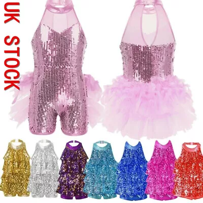 UK Kids Girls Sequins Latin Jazz Hip Hop Modern Dance Costume Leotard Jumpsuit • £12.16