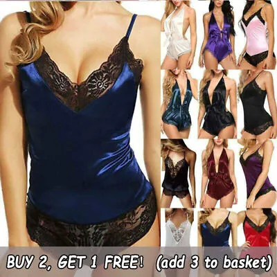 $11.99 • Buy Womens Sexy Satin Silk Lace Bodysuit Teddy Romper Lingerie Sleepwear Nightie.