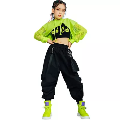 Jazz Costume Hip Hop Girls Clothing Green Tops Net Sleeve Black Hip Hop Pants • $65.99