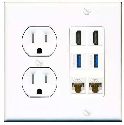 2 Port HDMI+2 USB 3 + 2 CAT6 Wall Plate + TAMPER Resistant Power Outlet • $25.64