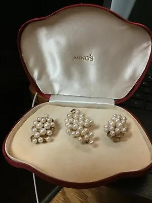 Vintage Ming's Of Hawaii 3 Pc Set Pearl Pin & Matching Earrings 14 Kt • $749.99