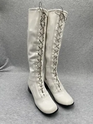 VINTAGE  1960s White Vinyl Lace Up Go Go Boots Size 7 • $274