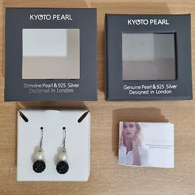 KYOTO PEARL Genuine White Pearl 925 Silver Swarovski Crystals Drop Earrings NEW • £19.99