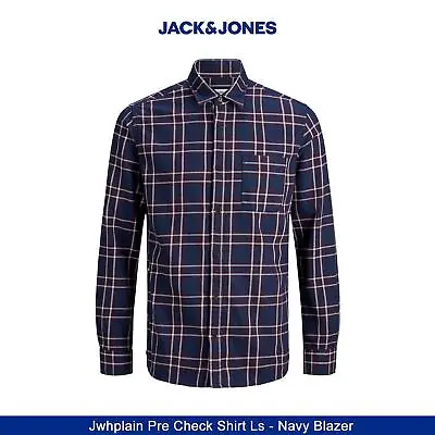 Jack & Jones Mens Casual Checked Shirt Single Pocket Button Cuff Navy Blazer • £15.99