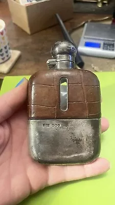 £250 • Buy Small 1927 Hallmarked Silver Leather  Glass Hip Flask James Dixon Sheffield