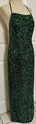 SCALA Emeral Green Sequin Beaded 100% Silk Long Evening Gown M Low Back Lined • $149.99