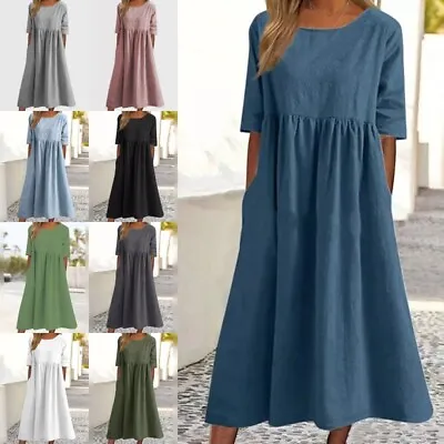 Womens Short Sleeve Linen Midi Dress Ladies Casual Baggy Holiday Beach Dresses • $29.68