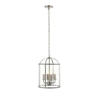 Satin Nickel 4 Way Round Hanging Hall Ceiling Lantern Light - Clear Glass Panels • £98