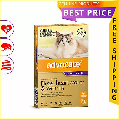 ADVOCATE For Cats Over 4 Kg PURPLE Heartworm Flea And Worm Prevention 3 Doses • $48.94