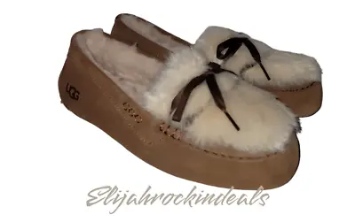 New Ugg Womens Ansley Shaine Sheepskin Suede Moccasin Chestnut Slippers Size 10 • $119.99
