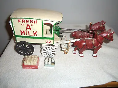 Vintage Cast Iron  Horse Drawn Milk Wagon  W/Driver Milk Bottles & Carrier • $25