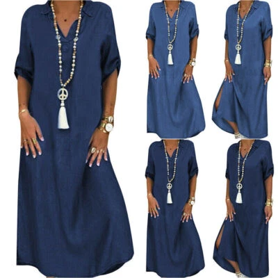 $30.77 • Buy Womens Casual V-Neck Loose Maxi Long Dress Holiday Denim Dresses AU Plus Size