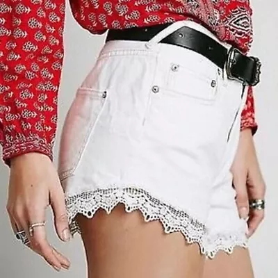 Free People Lace Trim Denim Shorts White Cut Off Boho Festival Romantic 29 $88 • £26.05