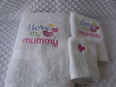 I Love My Mummy White Machine Embroidered Bath Towel Set • $36