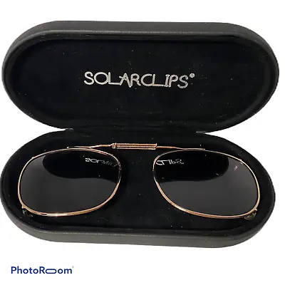 💕 Solar Clips Rectangle (rex) Gold Rim Clip On Sunglasses With Case Euc F0 • $10.80