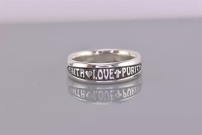 JNR Sterling Silver Carved Cross FAITH LOVE PURITY Heart Band Ring 925 Sz: 14 • $25.50