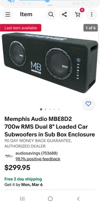 $297.99 • Buy Memphis Audio 8  Loaded Subwoofer Enclosure 3500W RMS Dual 2 Ohm MBE8D2