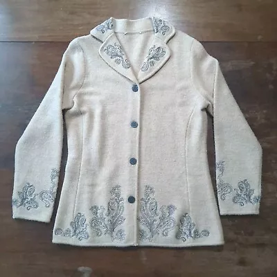 100% Merino Wool Cardigan Womens Small Embroidered Cream Button Blazer • $17.95