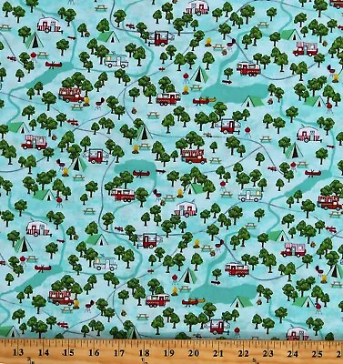 Cotton Camping RV Park Camper Vans Retro Travel Fabric Print By The Yard D583.62 • $11.95