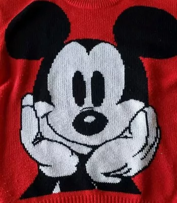 Vintage Mickey Mouse Sweater Unisex Large Red Black Colorblock Tight Knit • $19.95