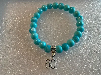 60th BIRTHDAY GIFT BRACELET TURQUOISE GLASS MARBLE BEADS AGE 60 CHARM GIFT BAG • £4.39