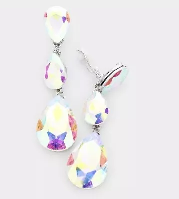 3” Long Silver Clear Aurora Borealis AB Crystal Pageant Earrings Clip Ons • $14