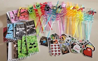 100 Piece Prize Box/ Party Favors.  Pixel Theme. Sticker Notebooks Straws • $20