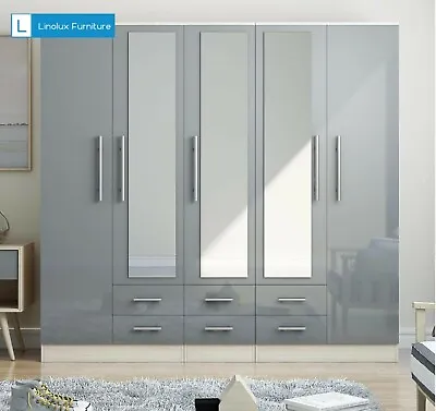£439.99 • Buy Stylish Modern 5 Door Mirrored Large Wardrobe, High Gloss LIGHT GREY, 6 Drawers