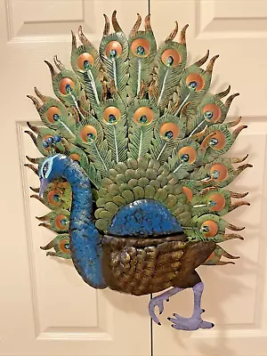 Vtg Thin Metal Peacock Wall Mounted Hanging Art Sculpture 30x22 Home Or Garden  • $129.99