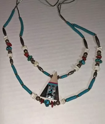 Vintage Turquoise Heishi Beads Sterling Silver Apache Dancer Pendant Necklace • $54