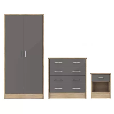 3 Piece Bedroom Furniture Set Grey Gloss Wardrobe Chest Of Drawers Bedside NEW • £375