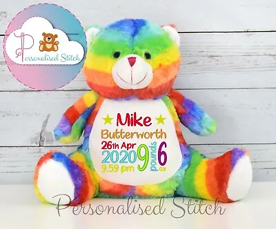Personalised Teddy Bear Embroidered Lockdown Rainbow Baby Gift Birth Keepsake • £28.74